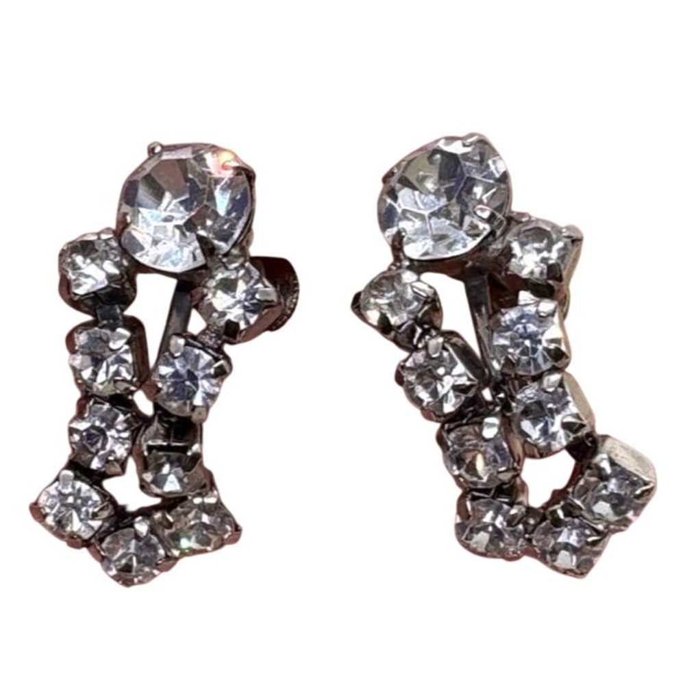 Vintage Coro Signed Clear Rhinestone Silver Tone Screw Back Earrings 1960s